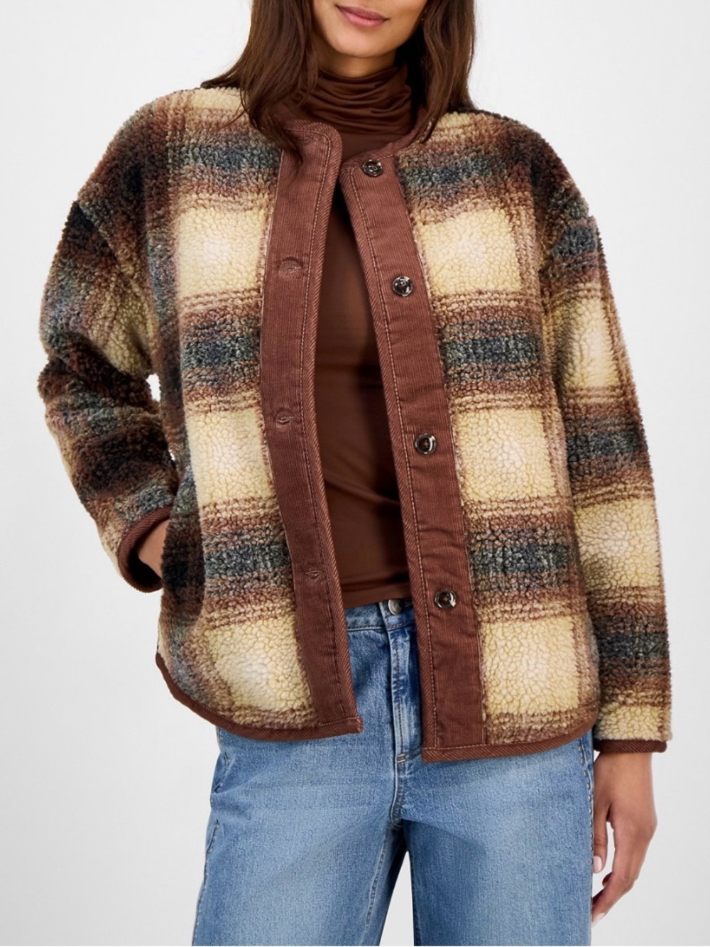 Plaid Teddy Jacket in Brown and Cream